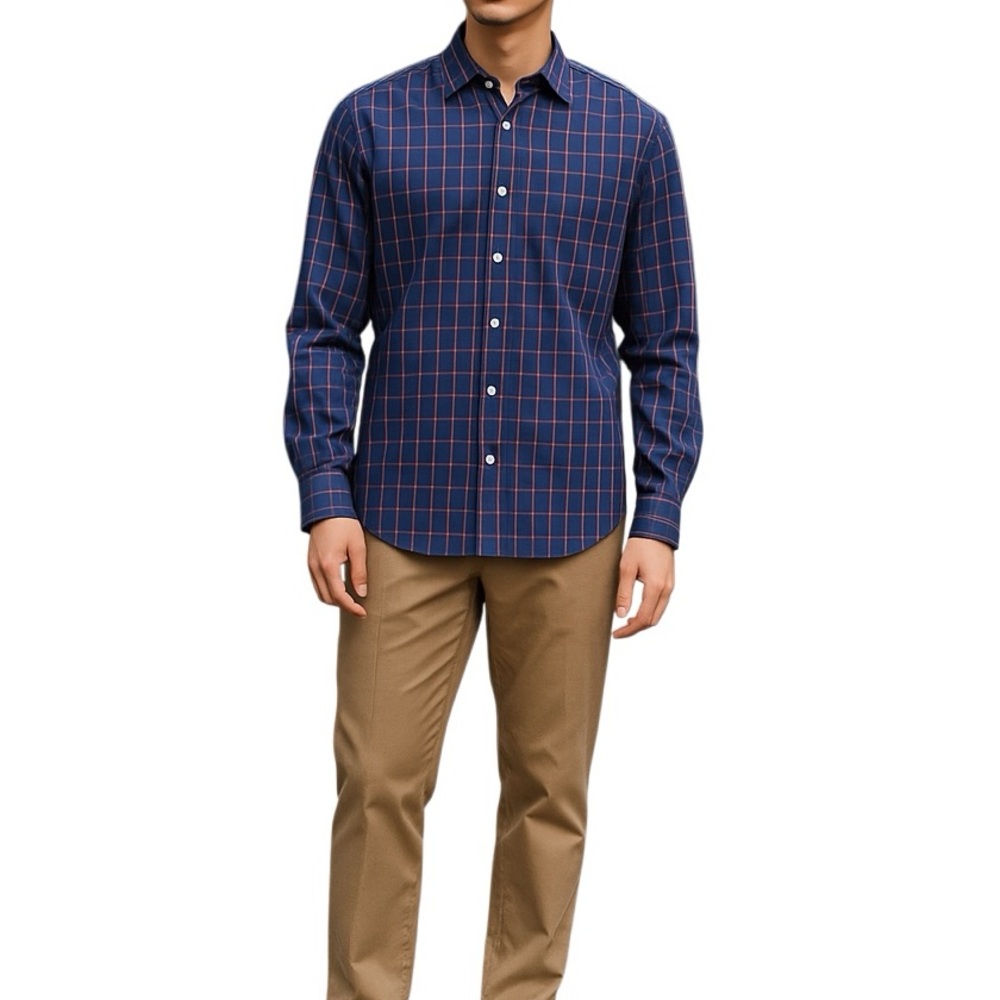 Mizzen Main Men Dress Shirt Large Leeward Trim Blue Stretch Classic Button Up
